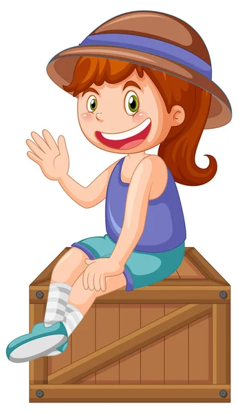 Cute Girl Sitting Wooden Box Illustration — Image vectorielle