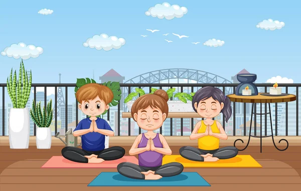 Lidé Cvičí Jógu Cvičení Meditace Ilustrace — Stockový vektor