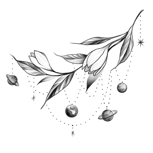 Graphic Tattoo Style Illustration Flower Branch Space Planets — Stockfoto