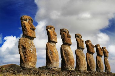 View of seven Ahu Akivi Moai, which are the only Moai to face the sea clipart