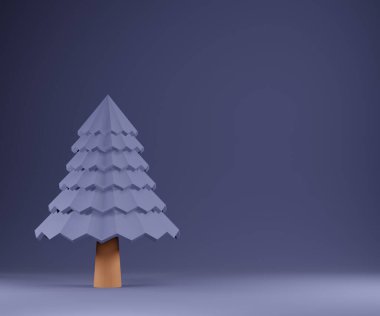 Üzerinde mor tonlu Noel ağacı olan 3D kartpostal.