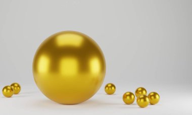 Beyaz arkaplanda altın metalik küreler