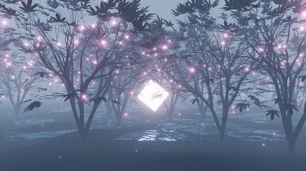 Абстрактный Мистический Лес Пылающими Частицами Кубом Рендеринг — стоковое фото