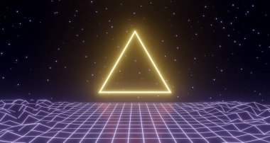 3D canlandırma, neon parlayan retro kablo çerçeveli poster