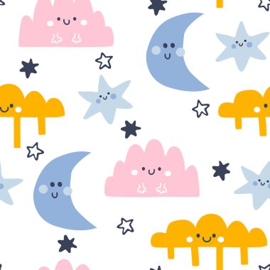 Renkli yıldızlar, bulutlar, çocuklar için aylar, kumaşlar, fon, arkaplan, ambalaj kağıtları içeren kusursuz İskandinav deseninin vektör çizimi 