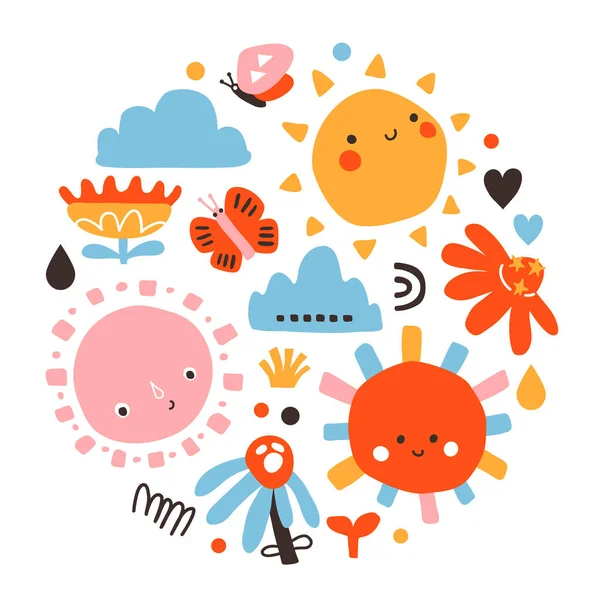 Διάνυσμα Εικονογράφηση Σκανδιναβικής Εκτύπωσης Χαριτωμένους Doodle Suns Για Παιδικά Υφάσματα — Διανυσματικό Αρχείο