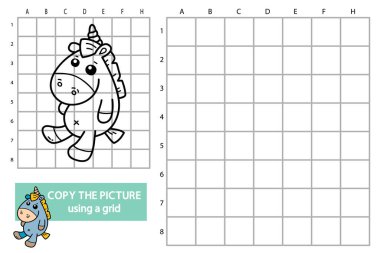 Karalama unicorn ile birlikte kılavuz resimlerinin kopyası eğitici bulmaca oyunu