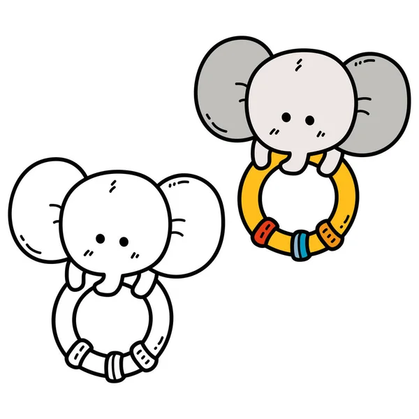 Vector Illustration Coloring Page Doodle Elephant Rattle Children Scrap Book — Stock Vector