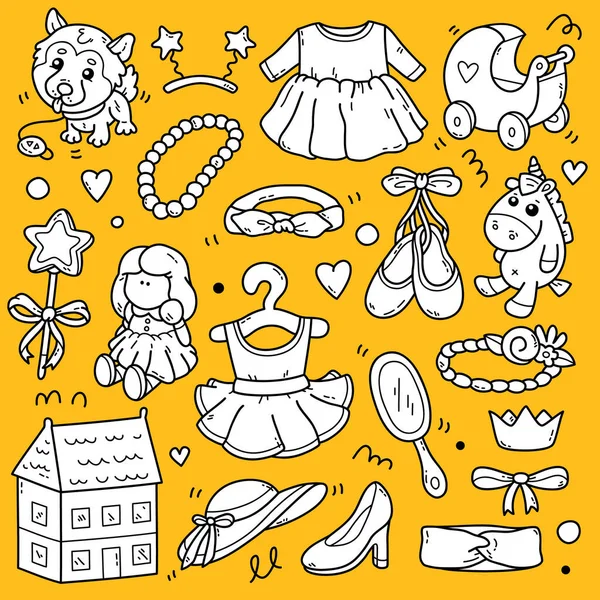 Χαριτωμένο Διάνυσμα Συλλογή Από Περιγράμματα Μωρό Doodles Παιχνίδια Για Κορίτσια — Διανυσματικό Αρχείο