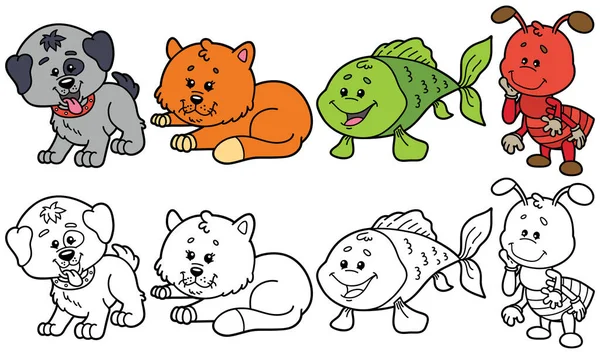 Vector Ilustración Conjunto Animales Compañía Dibujos Animados Variantes Para Colorear — Vector de stock