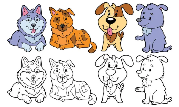 Conjunto Ilustrações Vetoriais Animais Cães Desenhos Animados Variantes Para Colorir —  Vetores de Stock