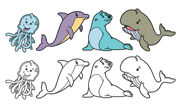 Vector Ilustración Conjunto Dibujos Animados Animales Mar Variantes Para Colorear — Vector de stock