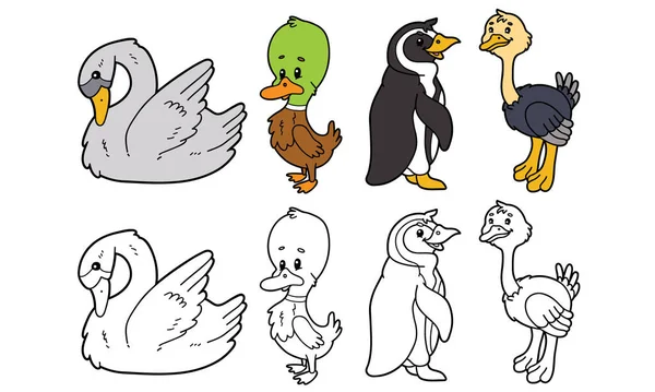 Vector Illustration Cartoon Birds Varitional Color Book — 스톡 벡터