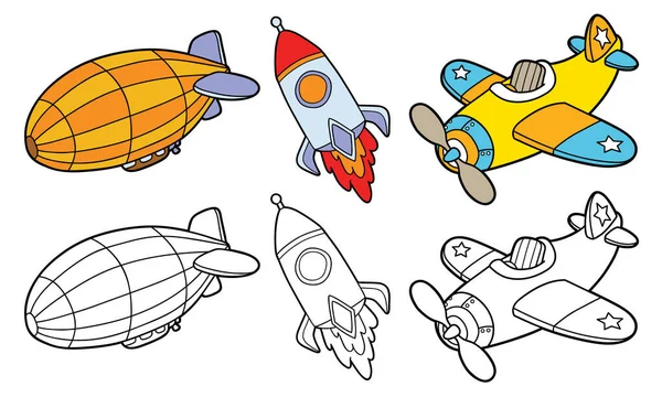 Vector Ilustración Conjunto Transporte Dibujos Animados Variantes Para Colorear Libro — Vector de stock