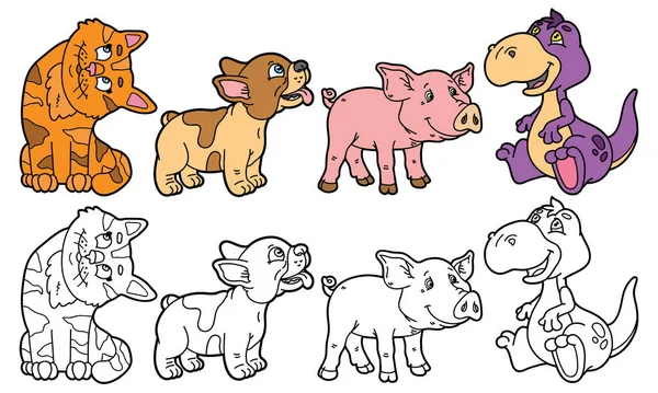 Vector Illustration Set Cartoon Animals Variants Coloring Book — Stock Vector