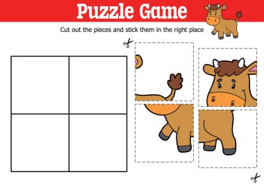 Vektör eğitimli çocuklar bulmaca oyunu karikatür karakteri ile parçaları kesip yapıştırmak için