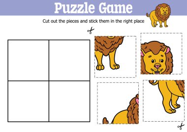 Vektör eğitimli çocuklar bulmaca oyunu karikatür aslan karakteriyle parçaları kesip yapıştırmak için