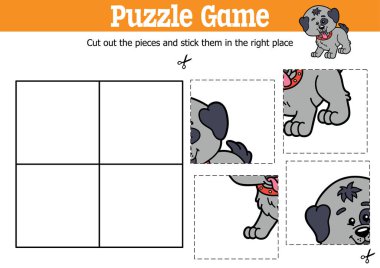 Çizgi film karakteri ile parçaları kesip yapıştırmak için vektör eğitimli çocuklar bulmaca oyunu