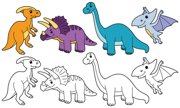 Conjunto Ilustrações Vetoriais Dinossauros Desenhos Animados Variantes Para Colorir Livro —  Vetores de Stock