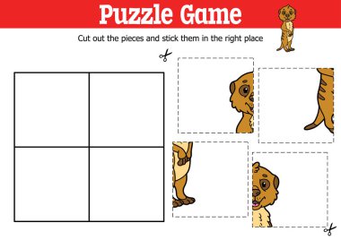 Çizgi film karakteriyle parçaları kesip yapıştırmak için vektör eğitimli çocuklar bulmaca oyunu