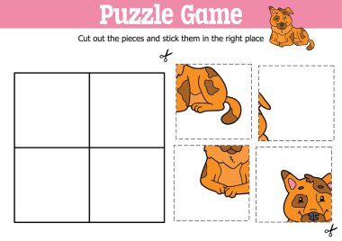 Çizgi film karakteri ile parçaları kesip yapıştırmak için vektör eğitimli çocuklar bulmaca oyunu