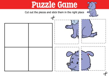 Çizgi film karakteri ile parçaları kesip yapıştırmak için vektör eğitimli çocuklar bulmaca oyunu