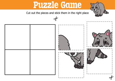 Çizgi film karakteri rakun ile parçaları kesip yapıştırmak için vektör eğitimli çocuklar bulmaca oyunu