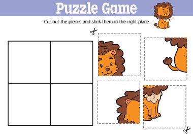 Vektör eğitimli çocuklar bulmaca oyunu karikatür aslan karakteriyle parçaları kesip yapıştırmak için
