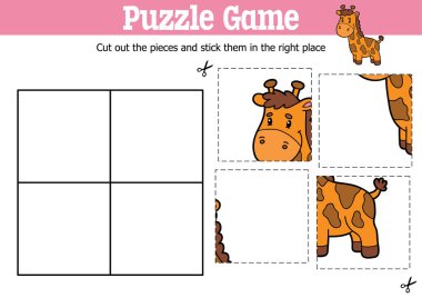 Çizgi film zürafası karakteriyle parçaları kesip yapıştırmak için vektör eğitimli çocuklar bulmaca oyunu