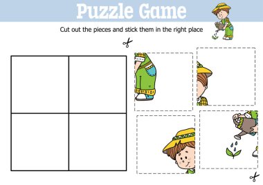 Çizgi filmdeki bahçıvan karakteriyle parçaları kesip yapıştırmak için vektör eğitimli çocuklar bulmaca oyunu