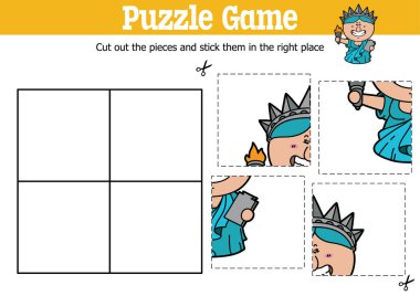 Vektör eğitimli çocuklar, Özgürlük Anıtı çizgi film karakteriyle parçaları kesip yapıştırmak için bulmaca oyunu oynuyorlar.