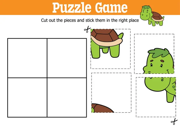 Vector Educational Kids Puzzle Game Cut Stick Pieces Cartoon Turtle — Stock Vector