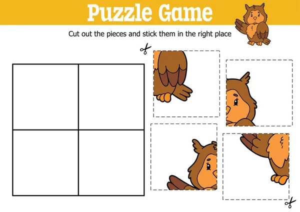 Vector Educational Kids Puzzle Game Cut Stick Pieces Cartoon Owl — Stock Vector