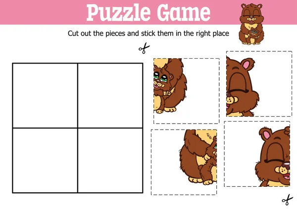 Vector Educational Kids Puzzle Game Cut Stick Pieces Cartoon Bear — Image vectorielle