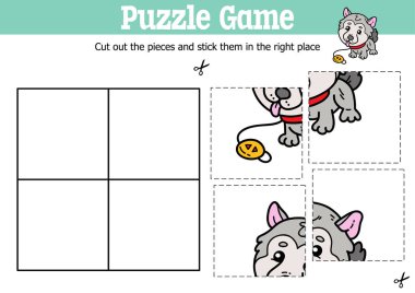 Vektör eğitimli çocuklar bulmaca oyunu karalama köpeğiyle parçaları kesip yapıştırmak için
