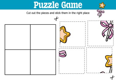 Vektör eğitimli çocuklar sihirli değnekle parçaları kesip yapıştırmak için yapboz oyunu