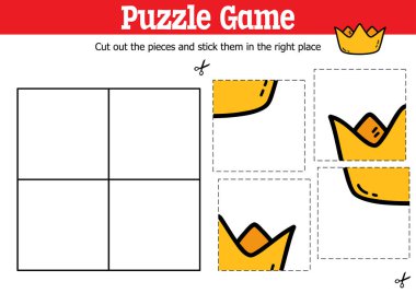 Vektör eğitimli çocuklar, karalama tacıyla parçaları kesip yapıştırmak için yapboz oyunu