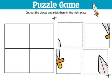 Vektör eğitimli çocuklar bulmaca oyunu karalama tahtası kılıçla parçaları kesip yapıştırmak için 