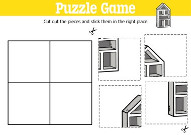 Karalama İskandinav eviyle parçaları kesip yapıştırmak için vektör eğitimli çocuklar bulmaca oyunu