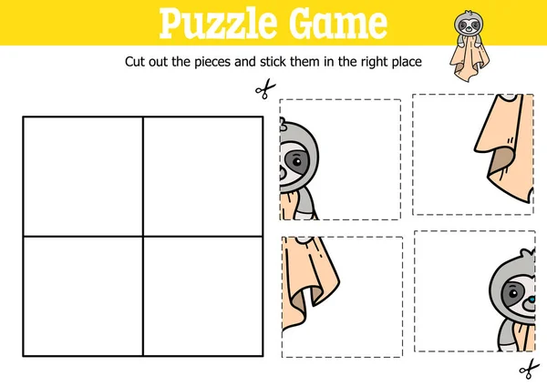 Vector Educational Kids Puzzle Game Cut Stick Pieces Doodle Sloth — Stock Vector