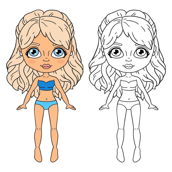 Illustration Vectorielle Coloriage Fille Dessin Animé Maillot Bain Avec Exemple — Image vectorielle