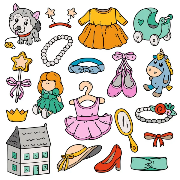 Χαριτωμένο Διάνυσμα Συλλογή Πολύχρωμα Παιχνίδια Για Κορίτσια Doodles Διανυσματικά Γραφικά