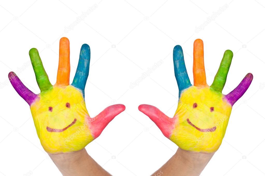 The two colorful hands with smile painted with different colors of child as logo. Isolated on white background with clipping path