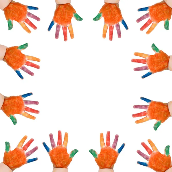 Coloridos bebés manos formadas marco — Foto de Stock