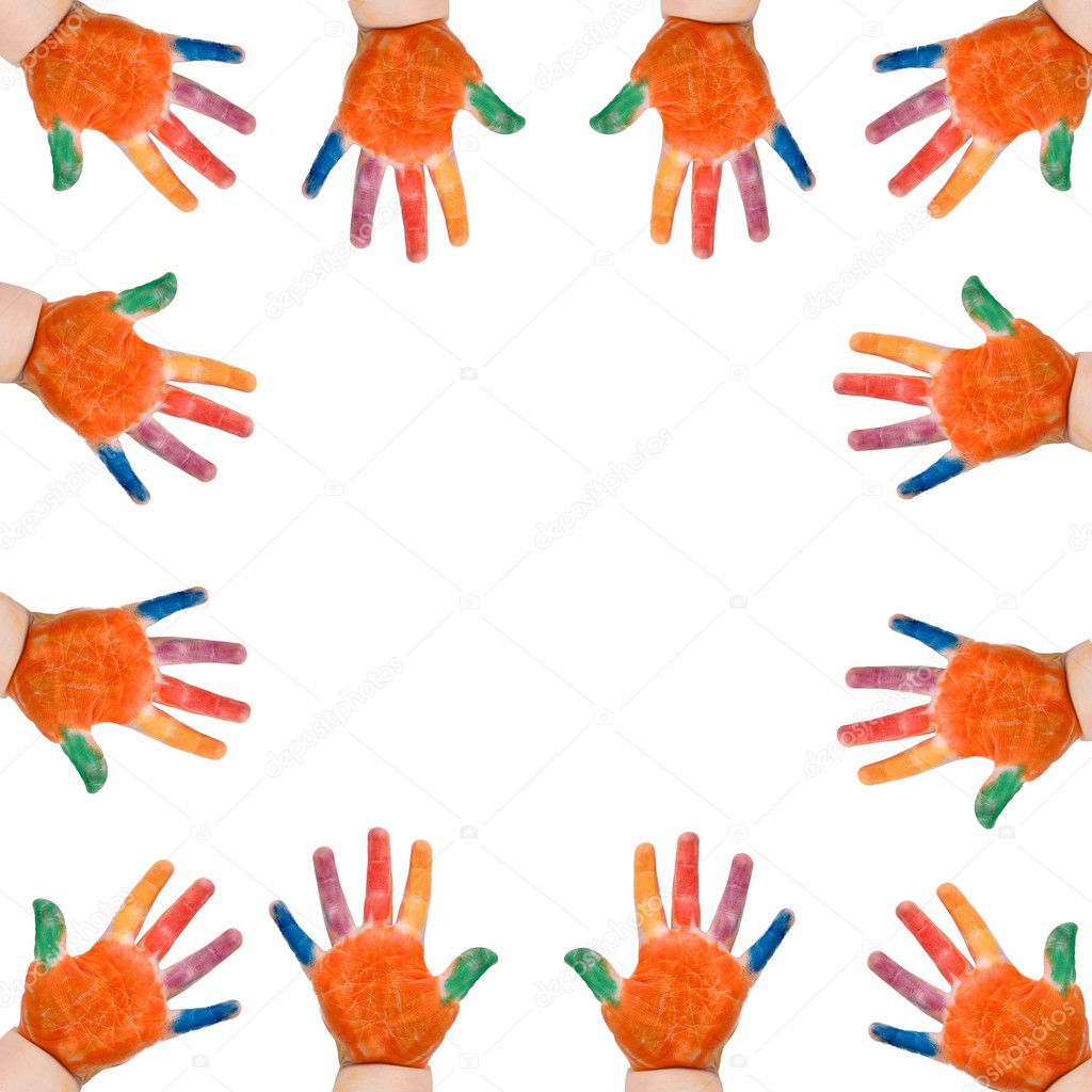 Square frame made of painted colorful paints children's hands, ready for color printing. Babies learning to draw and playing. Ready for your design, letters, symbols or logo. Isolated on white