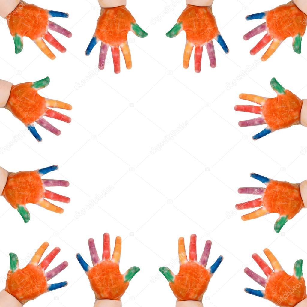 Mani di bambini colorati formano fotogramma — Foto Stock