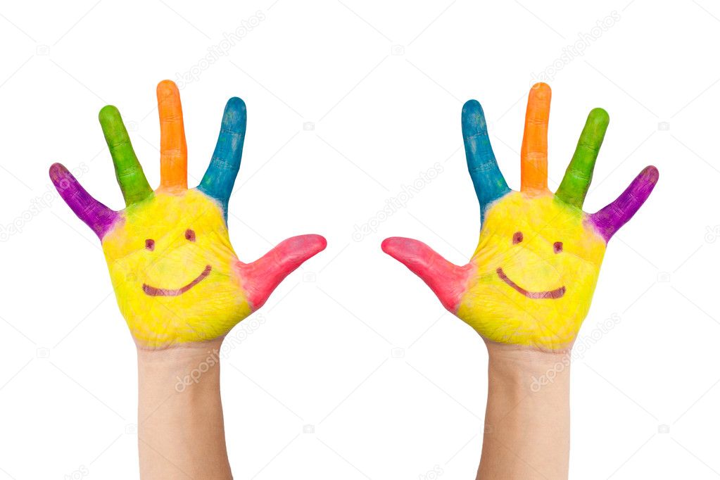 The two colorful hands with smile painted with different colors of child as logo. Isolated on white background with clipping path
