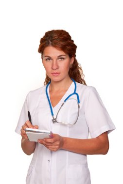 Woman doctor listening to the patient intently and writing clipart