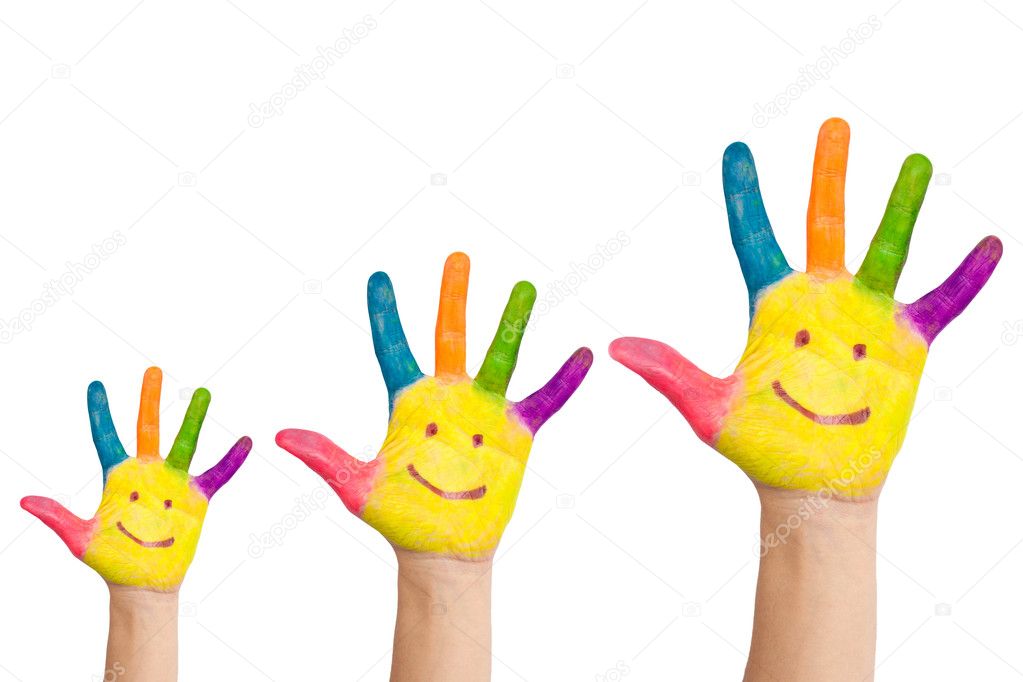 Three colorful hands with smile of family mother, father and baby. Small, medium and large hand. Symbol of friendship, unity, growth ready for your logo. Isolated on white