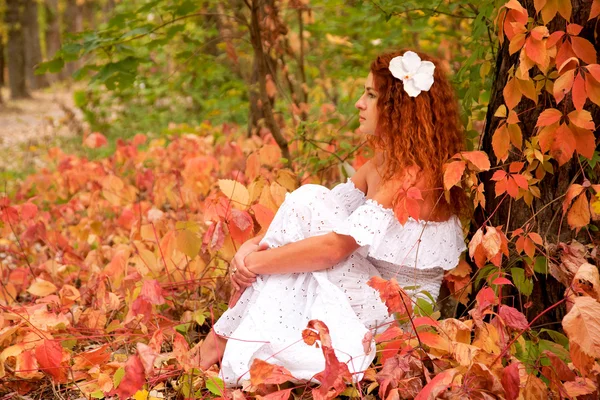 Frau sitzt zwischen roten Blättern im Herbstwald. — Stockfoto